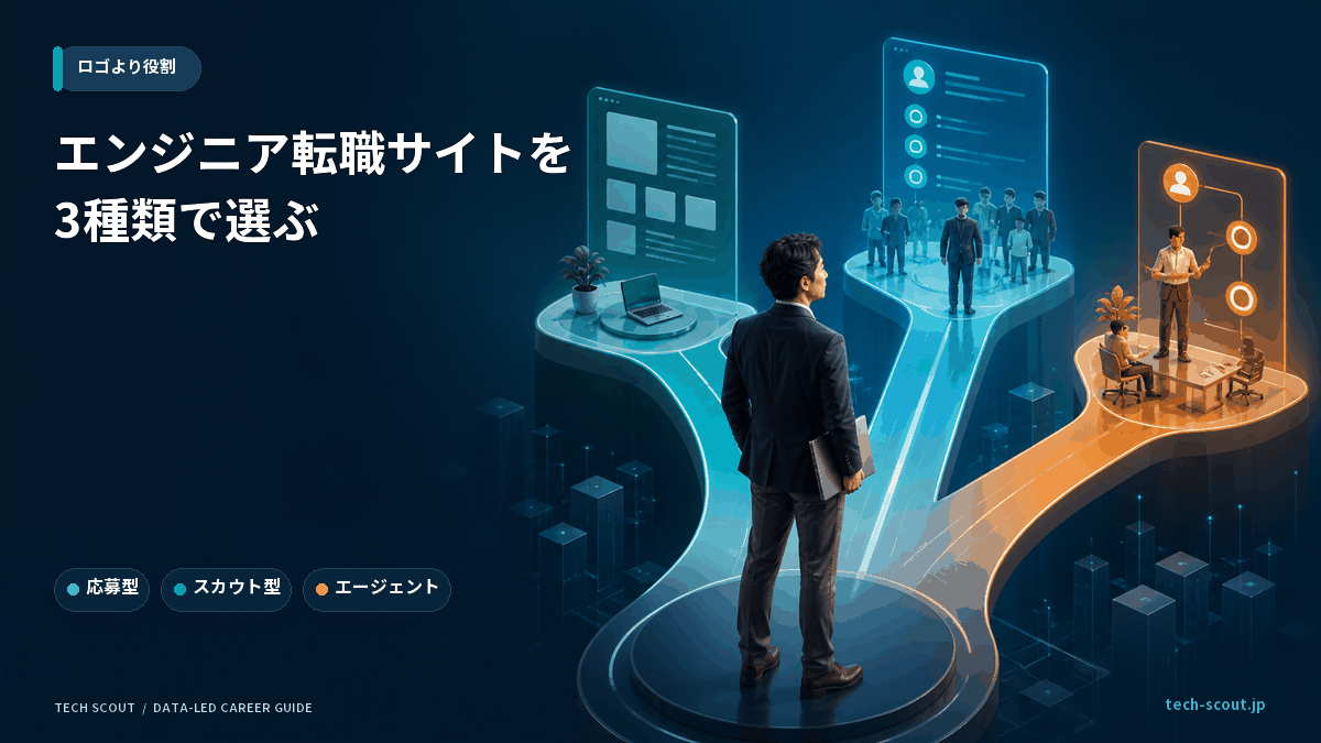 役割の違う3種類の転職サービスを並べて選ぶエンジニアのイメージ