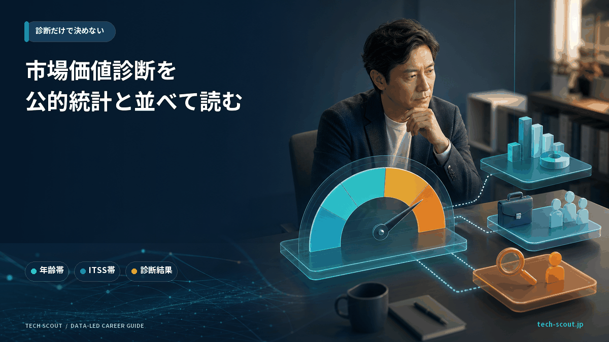 公的統計と診断ツールを見比べてエンジニアの市場価値を測るイメージ