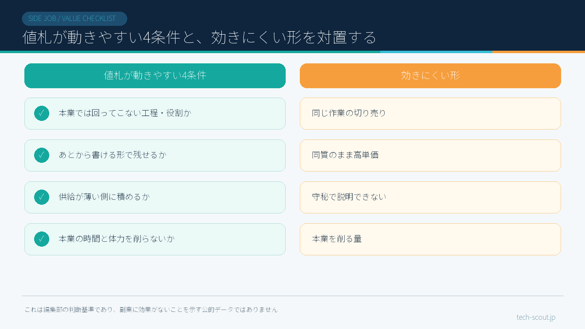 副業で値札が動きやすい4つの条件と効きにくい形を対置したチェックリスト図